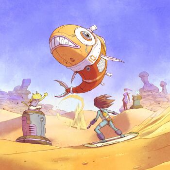 1boy 1girl arm_up blue_jumpsuit brown_hair day desert fantasy fish flying_fish from_behind furry highres jumpsuit machine migamigami nature original outdoors robot rock sand_surfing scenery sky surfboard surfing