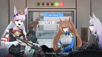 1other 4girls :/ :d absurdres airport arrow_(symbol) black_coat brown_hair call_of_duty call_of_duty:_modern_warfare_2 center_frills coat commentary daiwa_scarlet_(peak_blue)_(umamusume) daiwa_scarlet_(umamusume) docileart elevator elevator_door english_commentary english_text epaulettes frills gloves gold_ship_(red_strife)_(umamusume) gold_ship_(umamusume) grey_hair highres holding holding_weapon indoors mejiro_mcqueen_(frontline_elegance)_(umamusume) mejiro_mcqueen_(umamusume) meme multiple_girls no_russian_(meme) open_mouth parody pov scene_reference shirt sign smile subtitled trigger_discipline umamusume upper_body v-shaped_eyebrows vodka_(casual)_(umamusume) vodka_(umamusume) weapon white_gloves white_shirt
