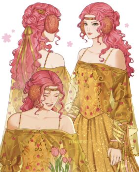 1girl alternate_hairstyle arm_ribbon artist_name back bun_cover capelet cherry_blossoms circlet closed_mouth commentary cosplay cowboy_shot curly_hair dress english_commentary eyelashes floral_print floral_print_dress flower glitter_dress gold_dress green_eyes hair_bun hair_ribbon half_up_bun haruno_sakura highres juliet_sleeves light_smile long_hair long_sleeves looking_at_viewer multiple_views naruto_(series) off-shoulder_dress off_shoulder ornate_clothes padme_amidala padme_amidala_(cosplay) parted_hair pink_flower pink_ribbon pink_tulip print_dress puffy_sleeves ribbon see-through_capelet see-through_clothes smile spaghetti_strap star_wars teeth tenartistt triple_bun tulip upper_body watermark white_background yellow_nails yellow_ribbon