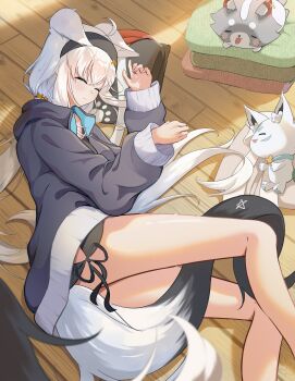 Rule 34 | 2girls, absurdres, ahoge, animal ears, commentary request, day, feet out of frame, folded clothes, fox ears, fox girl, fox tail, from above, from side, highres, hiragi moka, hololive, hood, hooded jacket, jacket, miofa (ookami mio), morning, multiple girls, on floor, ookami mio, out of frame, ponytail, shirakami fubuki, shirakami fubuki (loungewear), sleeping, sukonbu (shirakami fubuki), sunlight, tail, virtual youtuber, white hair, wooden floor