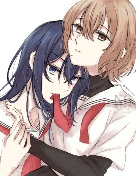 2girls black_shirt blue_eyes blue_hair brown_eyes brown_hair commentary hashtag-only_commentary highres holding_another's_wrist layered_sleeves long_hair long_sleeves mogusan mouth_hold multiple_girls neckerchief oumi_shiori parted_lips red_neckerchief ribbon ribbon_in_mouth sailor_collar school_uniform serafuku shirt short_over_long_sleeves short_sleeves simple_background undershirt watashi_wo_tabetai_hitodenashi watermark white_background white_sailor_collar white_shirt yaotose_hinako yuri