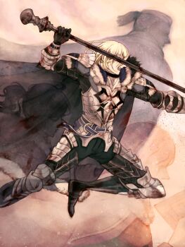 1girl 3boys absurdres arm_up armor armored_legwear black_boots black_fur blonde_hair blue_cape book boots breastplate cape covered_mouth dedue_molinaro dedue_molinaro_(timeskip) dimitri_alexandre_blaiddyd dimitri_alexandre_blaiddyd_(king_of_faerghus) dimitri_alexandre_blaiddyd_(timeskip) eula_rito faulds felix_hugo_fraldarius felix_hugo_fraldarius_(timeskip) fire_emblem fire_emblem:_three_houses foot_out_of_frame fur_trim highres holding holding_book holding_polearm holding_weapon male_focus multiple_boys nintendo open_mouth outstretched_arm polearm ponytail profile short_ponytail shouting teeth upper_teeth_only weapon white_fur