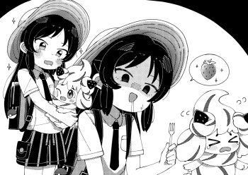 >_< 1girl alcremie backpack bag blush breast_pocket collared_shirt cosplay drooling food fork fruit gen_8_pokemon greyscale hat highres holding holding_fork idolmaster idolmaster_cinderella_girls idolmaster_cinderella_girls_u149 juliana_(pokemon) juliana_(pokemon)_(cosplay) long_hair looking_at_another monochrome mouth_drool necktie nintendo pocket poke_ball pokemon pokemon_sv samename111 shirt short_sleeves spoken_food strawberry tachibana_arisu