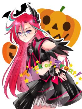 1girl adapted_costume artist_name bat_(animal) black_gloves black_shirt black_skirt brooch closed_mouth clothing_cutout commentary cowboy_shot cropped_shirt cure_flamingo earrings english_commentary english_text feather_earrings feather_hair_ornament feathers frilled_skirt frills gloves green_hair hair_between_eyes hair_ornament halloween_costume hand_on_own_hip highres jack-o&#039;-lantern jewelry leaning_forward long_hair looking_at_viewer magical_girl manekineko5319 miniskirt mixed-language_commentary multicolored_hair outline precure red_hair shell_brooch shirt shoulder_cutout signature skirt smile solo standing star_(symbol) takizawa_asuka trick_or_treat tropical-rouge!_precure two-tone_hair very_long_hair white_background white_outline