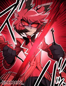 1boy alastor_(hazbin_hotel) animal_ears antlers black_bow black_bowtie black_gloves black_hair black_pants bob_cut bow bowtie broken_staff coat colored_sclera colored_tips commentary_request covered_mouth cowboy_shot deer_antlers deer_boy deer_ears emphasis_lines fewer_digits fingerless_gloves gloves grin halftone halftone_background hands_up hazbin_hotel hellaverse holding holding_staff horns lapels looking_at_viewer male_focus menattou monocle multicolored_hair outline pants red_background red_coat red_eyes red_hair red_sclera red_shirt red_theme scene_reference shirt short_hair simple_background smile solo staff standing striped_coat sweat traditional_bowtie tsurime two-tone_hair v-shaped_eyebrows vertical-striped_coat white_outline wide-eyed