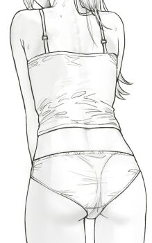 0zwn1 1girl arm_at_side ass camisole commentary_request cowboy_shot crotch_seam from_behind greyscale head_out_of_frame korean_commentary long_hair monochrome no_pants original panties solo spaghetti_strap standing sweat underwear
