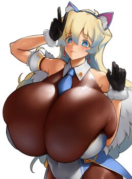 1girl absurdres alternate_breast_size_(larger) animal_ears armlet bare_shoulders between_breasts black_gloves blonde_hair blue_eyes bodysuit breasts bursting_breasts cat_ears closed_mouth dot_nose earrings fake_animal_ears female_focus gigantic_breasts gloves hair_between_eyes highres impossible_bodysuit impossible_clothes jewelry licking long_hair looking_at_viewer navel necktie necktie_between_breasts nia_teppelin onaeane pink_pupils shiny_clothes shiny_skin simple_background skin_tight skindentation solo tengen_toppa_gurren_lagann tongue tongue_out toy_(wanju) upper_body v white_background