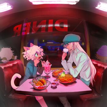 2boys 2girls :d absurdres androgynous animal_ears blue_hat blue_jacket burger cat_ears cat_girl cat_tail cup curly_hair diner fang food french_fries grey_pants hat highres holding holding_cup hot_dog hunter_x_hunter jacket kite_(hunter_x_hunter) komugi_(hunter_x_hunter) long_hair looking_at_another milkshake multiple_boys multiple_girls neferpitou open_mouth pants pokkle red_eyes shirt short_hair sitting smile tail tamvn7dloekjfu7 waffle white_hair white_shirt