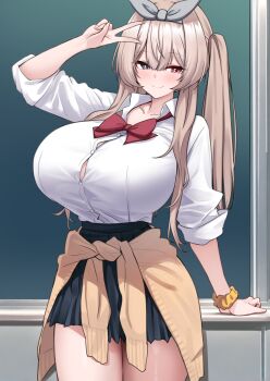 1girl absurdres arm_support arm_up black_skirt blonde_hair blue_eyes blush bow bowtie breasts brown_cardigan button_gap cardigan cardigan_around_waist closed_mouth clothes_around_waist commentary commission grey_bow hair_bow herohero_(higashi_no_dou) heterochromia highres huge_breasts long_hair looking_at_viewer original pixiv_commission red_bow red_bowtie red_eyes school_uniform scrunchie shirt side_ponytail sidelocks skirt sleeves_rolled_up smile solo v white_shirt wrist_scrunchie yellow_scrunchie