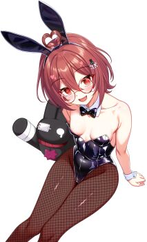 1girl absurdres ahoge animal_ear_hairband animal_ears black_bow black_bowtie black_leotard bow bowtie brown_pantyhose commission detached_collar fake_animal_ears fishnet_pantyhose fishnets glasses hairband heart heart_ahoge highres indie_virtual_youtuber leotard pantyhose pixiv_commission playboy_bunny rabbit_ears red_eyes red_hair rumu_remu sho2 short_hair simple_background sitting solo strapless strapless_leotard stuffed_animal stuffed_rabbit stuffed_toy virtual_youtuber white_background wrist_cuffs