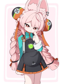 1girl :3 animal_ear_fluff animal_ear_piercing animal_ears arm_behind_back border braid braided_twintails bright_pupils chinese_clothes closed_mouth commentary_request cowboy_shot finger_to_cheek furry furry_female green_shirt half-closed_eyes head_tilt highres long_hair looking_at_viewer medallion pink_background pink_fur pink_hair rabbit_ears rabbit_girl red_eyes round_border screw shirt short_eyebrows solo thick_eyebrows user_pnhr2252 white_border white_pupils zenless_zone_zero zhao_(zenless_zone_zero)