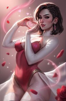 Rule 34 | 1girl, braid, breasts, brown hair, cowboy shot, ear piercing, earrings, energy, evelina oo (ooevelina), falling petals, gem, glowing, gold trim, hashtag-only commentary, heart, heart hands, highres, jewelry, large breasts, leotard, medium hair, original, parted lips, petals, piercing, red gem, red lips, showgirl skirt, signature, solo, sparkle, thighhighs, valentine, white thighhighs