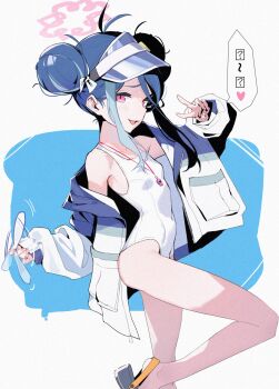 1girl antenna_hair blue_archive blue_hair breasts commentary_request covered_navel double_bun fubuki_(blue_archive) fubuki_(swimsuit)_(blue_archive) hair_bun halo highres jacket loli mmj multicolored_hair one-piece_swimsuit pink_halo propeller red_eyes school_swimsuit small_breasts solo standing standing_on_one_leg swimsuit v visor_cap whistle whistle_around_neck white_jacket white_one-piece_swimsuit