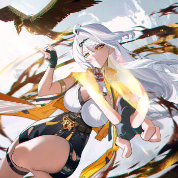 Rule 34 | 1girl, absurdres, armlet, bird, black bird, black gloves, black shorts, breasts, chromatic aberration, cleavage, closed mouth, commentary, fingerless gloves, gloves, hair ornament, hand up, high-waist shorts, highres, jacket, jewelry, kuji-in, large breasts, long hair, looking at viewer, nervi fd, orange eyes, shirt, shorts, solo, thighs, white hair, white shirt, yellow jacket, yixuan (zenless zone zero), zenless zone zero
