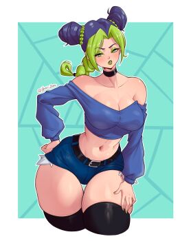 1girl absurdres bare_shoulders belt black_choker black_socks black_thighhighs blue_hair blush braid breasts bun_with_braided_base choker cleavage cone_hair_bun crop_top cropped_shirt denim denim_shorts green_eyes green_hair green_lips hair_bun hands_on_own_hips highres jojo_no_kimyou_na_bouken kuujou_jolyne long_sleeves looking_at_viewer midriff navel short_hair short_shorts shorts simple_background smile socks solo stomach stone_ocean thick_thighs thighhighs thighs tight_clothes wide_hips yoru_dan