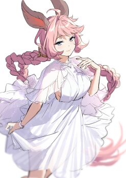 Rule 34 | 1girl, absurdres, ahoge, aki663, animal ears, blue eyes, blush, braid, breasts, closed mouth, dress, erune, granblue fantasy, highres, large breasts, long hair, looking at viewer, official alternate costume, pink hair, see-through clothes, see-through sleeves, smile, solo, tien (granblue fantasy), tien (twins on vacation) (granblue fantasy), very long hair, white dress