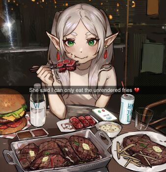 1girl :> absurdres billsuu burger butter can chair chopsticks commentary drink_can earrings eating elf english_commentary english_text food food_in_mouth food_on_face french_fries frieren green_eyes grey_hair hand_up highres holding holding_chopsticks indoors jewelry long_pointy_ears looking_at_viewer parted_bangs plate pointy_ears shirt short_eyebrows short_sleeves snapchat soda_can solo soup sousou_no_frieren steak table teardrop_earrings thick_eyebrows tray upper_body white_shirt window