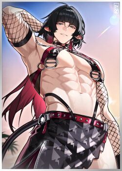 Rule 34 | 1boy, abs, absurdres, adapted costume, animal ears, areola slip, arm at side, arm behind head, arm up, armpits, artist logo, black hair, border, commentary, cowboy shot, detached sleeves, earrings, english commentary, fishnet sleeves, fishnets, from below, genderswap, genderswap (ftm), grey border, highres, jane doe (nocturne of light) (zenless zone zero), jane doe (zenless zone zero), jewelry, light smile, logo, long hair, looking at viewer, male focus, male swimwear, mechanical tail, moonimu art, mouse boy, mouse ears, multicolored hair, muscular, muscular male, navel, official alternate costume, paid reward available, parted lips, pectorals, red hair, ribs, sky, solo, stomach, stud earrings, sunlight, sweat, tail, two-tone hair, underpec, very long hair, zenless zone zero