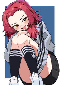 Rule 34 | 1girl, absurdres, black shorts, black socks, blue background, commentary, fang, girls und panzer, grey jacket, half-closed eyes, hand on own knee, highres, hugging own legs, jacket, long sleeves, looking at viewer, medium hair, open mouth, orange eyes, red hair, rosehip (girls und panzer), shoes, short shorts, shorts, smile, socks, solo, squatting, white shoes, zono (inokura syuzo029)