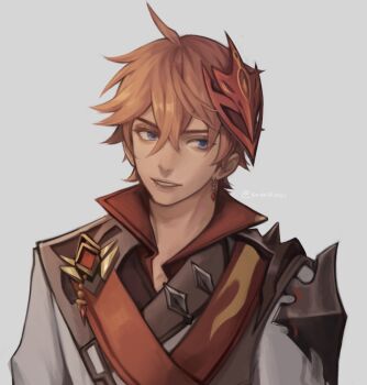 1boy armor commentary double-parted_bangs earrings english_commentary genshin_impact hair_between_eyes highres jacket jewelry kookirani looking_to_the_side male_focus mask mask_on_head orange_hair parted_lips pauldrons piercing sash shoulder_armor sideways_glance simple_background single_earring single_pauldron smile solo tartaglia_(genshin_impact) upper_body white_background white_jacket