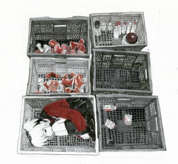 Rule 34 | 1girl, basket, bottle, can, commentary request, fetal position, glass bottle, highres, hugging own legs, in basket, in container, jacket, kneehighs, looking at viewer, multicolored hair, nihiru0513, original, red jacket, shopping basket, short hair, simple background, socks, solo, spot color, twintails, two-tone hair, white background