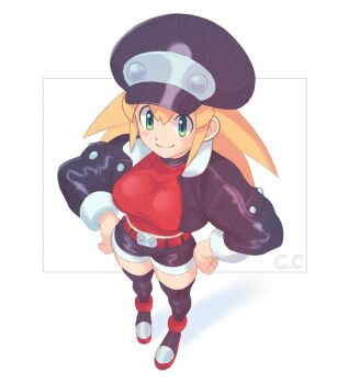 1girl black_boots black_hat black_jacket black_shorts blonde_hair boots breasts newsboy_cap champchidi cropped_jacket cropped_shirt from_above green_eyes hands_on_own_hips hat jacket large_breasts long_hair long_sleeves looking_at_viewer mega_man_(series) mega_man_legends_(series) red_shirt roll_caskett_(mega_man) shirt short_shorts shorts simple_background smile solo thigh_boots white_background