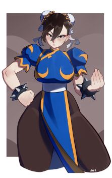 absurdres araara_01 blush bracelet breasts brown_eyes brown_hair capcom chun-li contrapposto hand_on_own_hip highres jewelry large_breasts pantyhose spiked_bracelet spikes street_fighter thick_thighs thighs