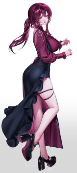 1girl absurdres alternate_costume artist_name ass black_dress black_shoes breasts commentary dress fingernails full_body gradient_background hands_up high_heels highres honkai:_star_rail honkai_(series) kafka_(honkai:_star_rail) large_breasts long_dress long_hair long_sleeves looking_at_viewer looking_to_the_side low_ponytail parted_lips ponytail purple_eyes purple_hair purple_shirt ringeko-chan shirt shoes simple_background skindentation smile solo white_background