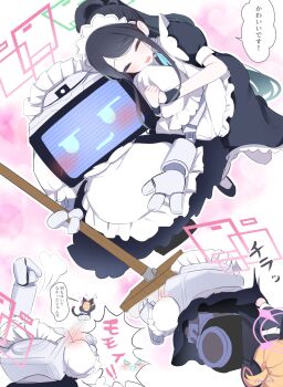 Rule 34 | 1other, 2girls, alternate costume, apron, aris (blue archive), aris (maid) (blue archive), black dress, blue archive, blush, chasing, clothes lift, commentary request, dress, enmaided, female pervert, frilled apron, frills, halo, highres, holding, holding mop, kei (amas) (blue archive), kei (blue archive), maid, maid headdress, momoi (blue archive), momoi (maid) (blue archive), mop, multiple girls, non-humanoid robot, pervert, puff of air, puffy short sleeves, puffy sleeves, robot, sakurano rocco, screen, short sleeves, skirt, skirt lift, smile, speech bubble, translation request, wheel, wheel o feet, white apron