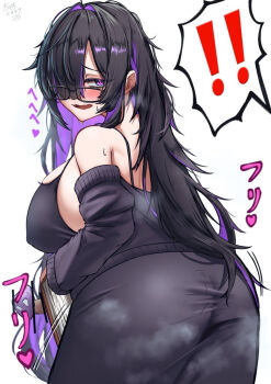 ! !! 1girl ass black_cardigan black_dress black_hair blush book breasts cardigan cardigan_partially_removed colored_inner_hair commentary_request da_kuronikorasu dress glasses goddess_of_victory:_nikke hair_over_one_eye holding holding_book label_(nikke) large_breasts long_hair looking_back multicolored_hair mushroom nervous_smile open_mouth purple_eyes purple_hair purple_streaks smile solo steam steaming_body streaked_hair sweat two-tone_hair very_long_hair wavy_mouth white_background