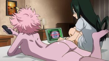 2girls ashido_mina ass asui_tsuyu bed boku_no_hero_academia bottomless breasts butt_crack colored_skin computer controller dark_green_hair horns lamp laptop lying multiple_girls no_bra no_panties nude nude_filter on_stomach pink_hair pink_skin remote_control sideboob third-party_edit topless_female wall