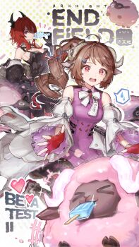 Rule 34 | > <, absurdres, ardelia (arknights), arknights, arknights: endfield, braid, breasts, brown hair, cleavage, commentary request, copyright name, curled horns, detached sleeves, dress, drill hair, drill ponytail, eyjafjalla (arknights), fingerless gloves, food, gloves, heart, highres, horns, laevatein (arknights), paserin ekaku, popsicle, purple dress, purple eyes, red eyes, red gloves, red hair, sheep girl, sheep horns, spoken sweatdrop, surtr (arknights), sweat, sweatdrop
