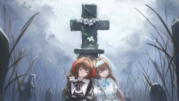 2girls ahoge aqua_headband black_bow black_bowtie black_dress bow bowtie closed_eyes cloud cloudy_sky cross dress evil_neuro-sama frilled_shirt_collar frills grass hair_ribbon headband long_hair multiple_girls neuro-sama outdoors puffy_short_sleeves puffy_sleeves red_eyes red_ribbon ribbon short_sleeves siblings sisters sky tombstone twins two_side_up upper_body vedal_ai virtual_youtuber wairon white_dress