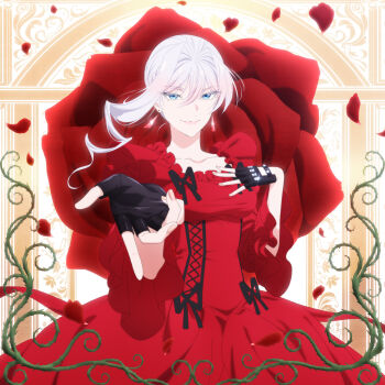 1girl absurdres black_gloves blue_eyes breasts closed_mouth collarbone commentary_request cowboy_shot dress earrings fingerless_gloves gloves grey_hair highres jewelry official_art petals red_dress red_petals saigo_ni_hitotsu_dake_onegai_shite_mo_yoroshii_deshou_ka scarlet_el_vandimion smile solo white_background