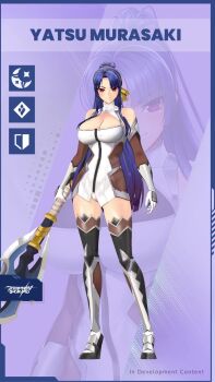 1girl 3d animated ass axe bare_shoulders battle_axe blue_hair bodysuit breasts character_name cleavage curvy elbow_gloves full_body gloves hand_on_own_hip high_ponytail highres hime_cut holding holding_axe holding_weapon impossible_bodysuit impossible_clothes jumping large_breasts lilith-soft long_hair looking_at_viewer multiple_views ponytail purple_background red_eyes shiny_clothes shiny_skin sound taimanin_(series) taimanin_squad turnaround video weapon wide_hips yatsu_murasaki zoom_layer