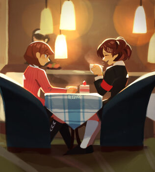 2girls acediee armband artist_name brown_eyes brown_hair cafe cake cake_slice cardigan chair closed_eyes commentary cup drink english_commentary food full_body gekkoukan_high_school_uniform hair_ornament hairclip hanging_light highres in-universe_location indoors long_sleeves looking_at_another multiple_girls on_chair open_mouth persona persona_3 persona_3_portable pink_cardigan red_armband revision school_uniform shiomi_kotone short_hair signature sitting smile table takeba_yukari x_hair_ornament