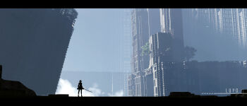 1girl 2b_(nier:automata) absurdres back_cutout black_dress black_hairband black_thighhighs boots city cityscape clothing_cutout cloud day dress feather-trimmed_sleeves feather_trim full_body gloves hairband haze highres holding juliet_sleeves long_sleeves luyonet nier:automata nier_(series) puffy_sleeves scenery short_hair solo standing thighhighs thighhighs_under_boots virtuous_contract weapon white_hair wide_shot