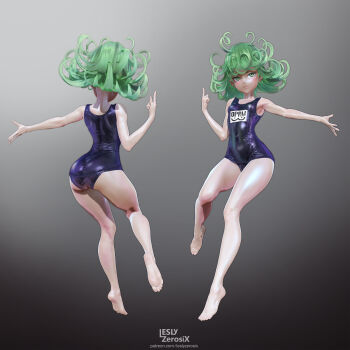 1girl 3d absurdres artist_name ass bad_id bad_pixiv_id barefoot curly_hair feet female_focus floating floating_clothes from_behind full_body green_eyes green_hair highres leslyzerosix matching_hair/eyes navel one-piece_swimsuit one-punch_man open_hand outstretched_arm pointing pointing_up school_swimsuit shiny_clothes skin_tight skindentation solo swimsuit tatsumaki telekinesis thighs watermark