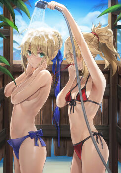 2girls armpits aroused_nosebleed artoria_pendragon_(fate) bikini blonde_hair blood blue_bikini blush braid braided_bun breasts commentary_request covering_breasts covering_privates fate/grand_order fate_(series) female_pervert fence front-tie_bikini_top front-tie_top green_eyes hair_bun hair_ornament hair_ribbon hair_scrunchie highres incest long_hair mordred_(fate) mordred_(swimsuit_rider)_(fate) mordred_(swimsuit_rider)_(first_ascension)_(fate) mother_and_daughter multiple_girls navel nosebleed outdoors pervert ponytail red_bikini red_scrunchie ribbon saber_(fate) same-sex_bathing scrunchie shared_bathing short_hair shower_head showering side-tie_bikini_bottom sideboob stomach string_bikini swimsuit thighs tonee topless_female unworn_bikini_top wooden_fence yuri
