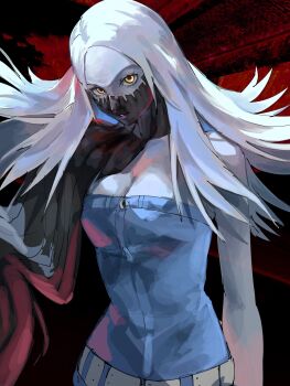 1girl 4me3ba_niku belt blue_dress body_horror breasts cleavage dark_background demon_girl denim_dress dress highres long_hair looking_at_viewer monster_arm red_background shin_megami_tensei shin_megami_tensei_iii:_nocturne sleeveless sleeveless_dress solo tachibana_chiaki_(megami_tensei) upper_body white_hair yellow_eyes