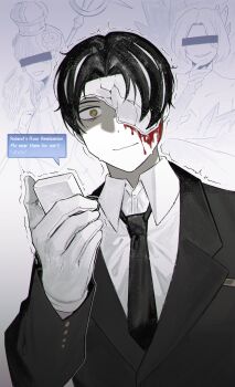 Rule 34 | 1boy, absurdres, asdf1211950, black hair, black jacket, black necktie, blood, blood on face, closed mouth, collared shirt, e.g.o (project moon), faded memories (e.g.o), false throne (e.g.o), gloves, highres, jacket, lapels, library of ruina, limbus company, mask over one eye, multicolored hair, necktie, notched lapels, project moon, rien (project moon), roland (project moon), shaded face, shirt, smile, speech bubble, spoilers, streaked hair, white gloves, white shirt, white streaks, wide-eyed
