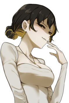 1girl binah_(project_moon) black_eyes blonde_hair breasts cleavage collarbone colored_inner_hair dongtan_dress dress hair_bun hand_up hashtag-only_commentary helseujang highres jewelry library_of_ruina looking_at_viewer multicolored_hair necklace parted_lips project_moon shaded_face smile solo upper_body white_dress