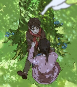 1boy 1girl adjusting_another&#039;s_clothes bird black_hair blue_flower blue_skirt blurry blurry_foreground brown_hair brown_jacket brown_shoes cardigan child closed_eyes eren_yeager flower forget-me-not_(flower) from_above grass grey_pants highres jacket long_hair long_skirt mikasa_ackerman otakubblack outdoors pants parted_bangs pink_cardigan ponytail red_scarf scarf shingeki_no_kyojin shoes short_hair sitting skirt sleeping tree twitter_username under_tree