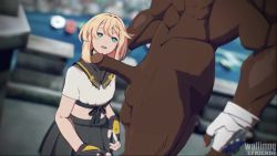 2boys 3d animated aqua_eyes black_gloves blonde_hair bridget_(guilty_gear) chloeangelva dark-skinned_male dark_skin deepthroat fellatio fingerless_gloves gloves guilty_gear guilty_gear_strive hipminky interracial kneeling large_penis licking licking_penis looking_at_another multiple_boys muscular muscular_male nagoriyuki open_mouth oral penis penis_awe pleated_skirt skirt sound testicles tongue tongue_out trap uncensored video wallimog yaoi