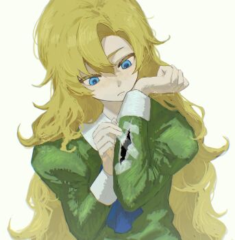 1girl artist_name ascot blonde_hair blue_ascot blue_eyes clenched_hand closed_mouth collared_dress dress green_dress hair_between_eyes hands_up highres ib_(kouri) juliet_sleeves long_hair long_sleeves looking_down mary_(ib) no_aid puffy_sleeves simple_background solo torn_clothes torn_dress upper_body wavy_hair white_background