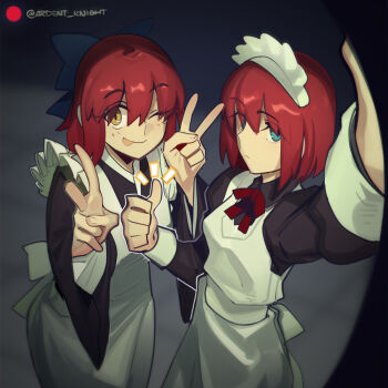 2girls apron black_dress blue_eyes blush boa_(brianoa) bow breasts brown_eyes commentary dress english_commentary hair_bow hisui_(tsukihime) kohaku_(tsukihime) long_sleeves looking_at_viewer maid maid_headdress multiple_girls one_eye_closed outstretched_arm red_hair short_hair siblings sisters small_breasts smile tongue tongue_out tsukihime twins white_apron wide_sleeves