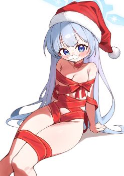 1girl bare_legs bare_shoulders blue_archive blue_eyes blush bound breasts cherino_(blue_archive) christmas cleavage compressed_breasts facial_hair fake_facial_hair fake_mustache gift hat highres led_winter loli long_hair mustache naked_ribbon ribbon ribbon_bondage santa_hat sitting small_breasts solo thighs white_background white_hair white_mustache