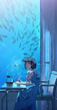 1girl agas_(vpwt7475) black_hair blue_eyes blunt_bangs blunt_ends chair coffee_pot dress fish highres long_skirt open_mouth original short_hair short_sleeves sitting skirt solo table