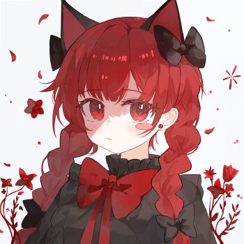 1girl absurdres animal_ears black_bow black_dress blush bow bowtie braid cat_ears chinese_commentary closed_mouth commentary_request dress earrings extra_ears falling_petals flower hair_bow highres jewelry kaenbyou_rin long_hair looking_at_viewer multiple_hair_bows petals red_bow red_bowtie red_eyes red_flower red_hair solo touhou twin_braids yuuneka