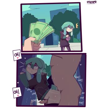 2boys absurdres anal animal_ears bottomless clothed_male_nude_male clothed_sex clothes cum ejaculating_while_penetrated ejaculation english_text erection green_eyes green_hair heart heart-shaped_pupils highres holding holding_money long_ears medium_penis money multiple_boys nude original partially_undressed penis pixzapix prostitution rabbit_ears sex sex_from_behind short_hair speech_bubble surprised symbol-shaped_pupils yaoi